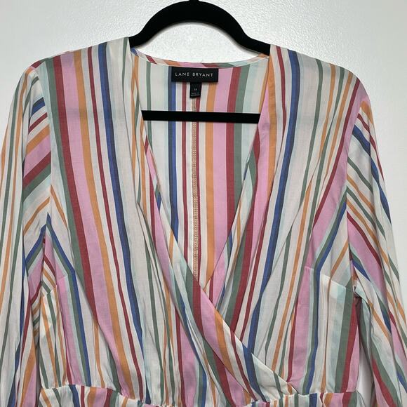 Lane Bryant‎ Faux Wrap Top Peplum Blouse V-Neck Elastic Cuff Stripe Rainbow 16 - Picture 4 of 11